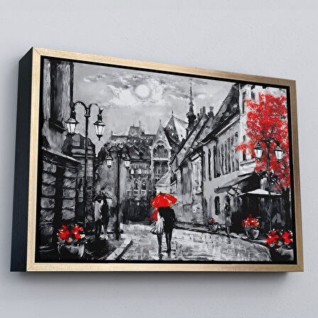 Siyah Çerçeveli Macaristan Budapeşte Sokak Manzarası Yağlıboya Görünüm Dekoratif Duvar Tablosu