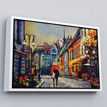 Altın Çerçeveli Macaristan Budapeşte Sokak Manzarası Yağlıboya Görünüm Tablo