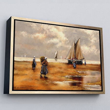 Beyaz Çerçeveli Balıkçılar ve Sahildeki Yelkenli Duvar Tablosu