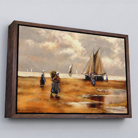 Kahverengi Çerçeveli Balıkçılar ve Sahildeki Yelkenli Duvar Tablosu
