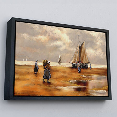 Kahverengi Çerçeveli Balıkçılar ve Sahildeki Yelkenli Duvar Tablosu