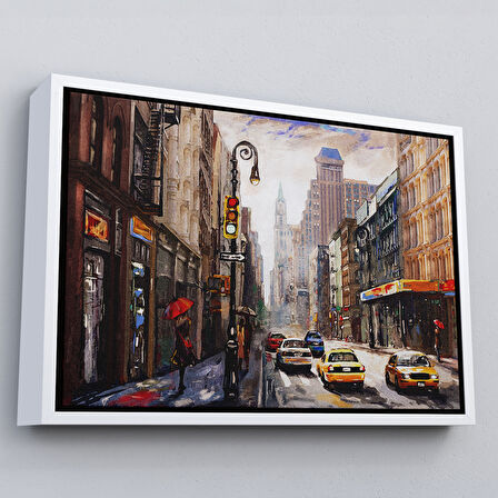 Siyah Çerçeveli New York Sokakları Ve Sarı Taksi Yağlıboya Görünüm Tablo