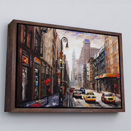 Siyah Çerçeveli New York Sokakları Ve Sarı Taksi Yağlıboya Görünüm Tablo
