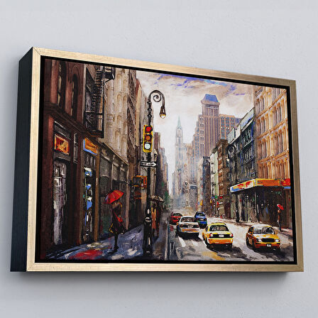 Siyah Çerçeveli New York Sokakları Ve Sarı Taksi Yağlıboya Görünüm Tablo