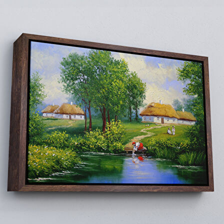 Kahverengi Çerçeveli Akarsudan Su Dolduran Kadın Yağlıboya Görünüm Dekoratif Kanvas Duvar Tablosu