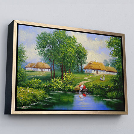 Kahverengi Çerçeveli Akarsudan Su Dolduran Kadın Yağlıboya Görünüm Dekoratif Kanvas Duvar Tablosu