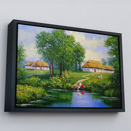 Kahverengi Çerçeveli Akarsudan Su Dolduran Kadın Yağlıboya Görünüm Dekoratif Kanvas Duvar Tablosu