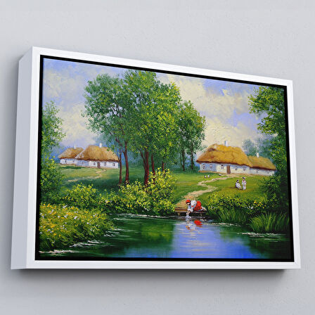 Kahverengi Çerçeveli Akarsudan Su Dolduran Kadın Yağlıboya Görünüm Dekoratif Kanvas Duvar Tablosu