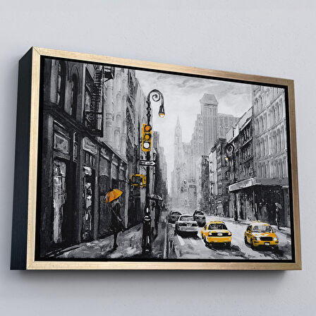Kahverengi Çerçeveli New York Sokakları Ve Sarı Taksi Yağlıboya Görünüm Kanvas Tablo