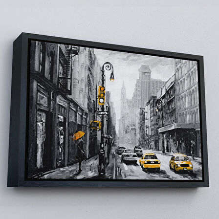 Kahverengi Çerçeveli New York Sokakları Ve Sarı Taksi Yağlıboya Görünüm Kanvas Tablo