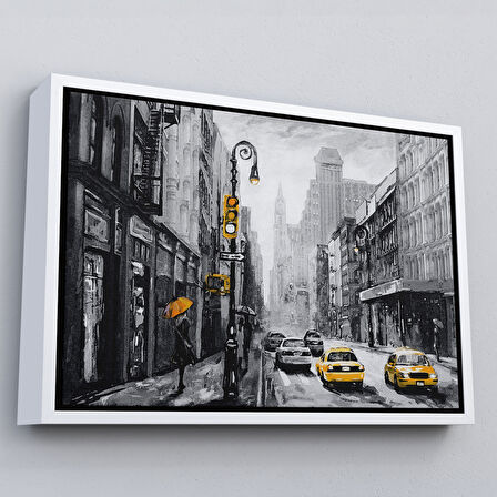 Kahverengi Çerçeveli New York Sokakları Ve Sarı Taksi Yağlıboya Görünüm Kanvas Tablo