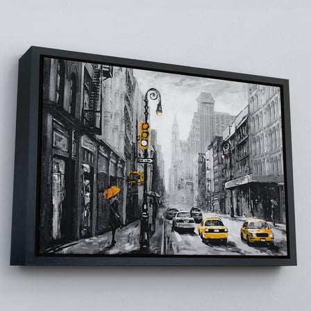 Siyah Çerçeveli New York Sokakları Ve Sarı Taksi Yağlıboya Görünüm Kanvas Tablo