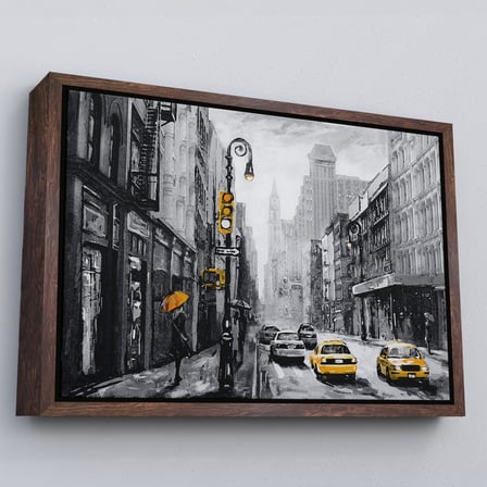 Siyah Çerçeveli New York Sokakları Ve Sarı Taksi Yağlıboya Görünüm Kanvas Tablo