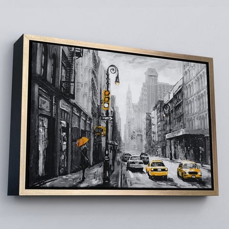 Siyah Çerçeveli New York Sokakları Ve Sarı Taksi Yağlıboya Görünüm Kanvas Tablo