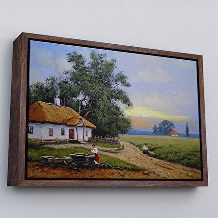 Kahverengi Çerçeveli Köy Evi Manzarası Yağlıboya Görünüm Dekoratif Kanvas Duvar Tablosu