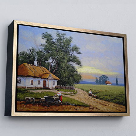 Kahverengi Çerçeveli Köy Evi Manzarası Yağlıboya Görünüm Dekoratif Kanvas Duvar Tablosu