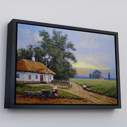 Kahverengi Çerçeveli Köy Evi Manzarası Yağlıboya Görünüm Dekoratif Kanvas Duvar Tablosu