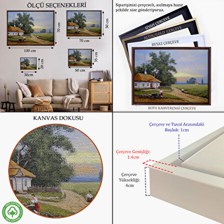 Kahverengi Çerçeveli Köy Evi Manzarası Yağlıboya Görünüm Dekoratif Kanvas Duvar Tablosu