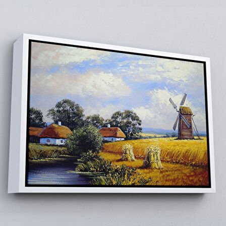 Altın Çerçeveli Buğday Tarlası Ve Değirmen Yağlıboya Görünüm Dekoratif Kanvas Duvar Tablosu