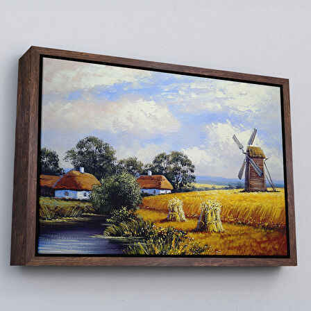 Altın Çerçeveli Buğday Tarlası Ve Değirmen Yağlıboya Görünüm Dekoratif Kanvas Duvar Tablosu