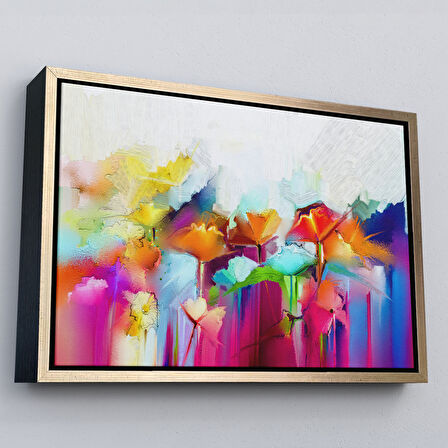 Altın Çerçeveli Soyut Çiçekler Yağlıboya Görünüm Dekoratif Kanvas Duvar Tablosu