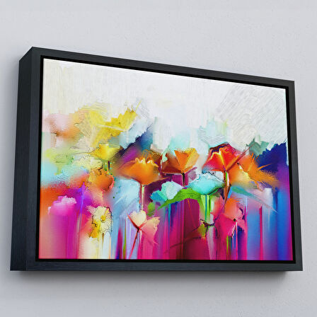 Altın Çerçeveli Soyut Çiçekler Yağlıboya Görünüm Dekoratif Kanvas Duvar Tablosu