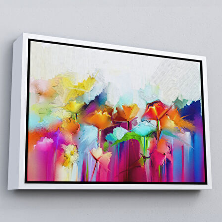 Altın Çerçeveli Soyut Çiçekler Yağlıboya Görünüm Dekoratif Kanvas Duvar Tablosu