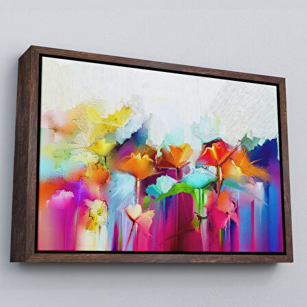 Altın Çerçeveli Soyut Çiçekler Yağlıboya Görünüm Dekoratif Kanvas Duvar Tablosu