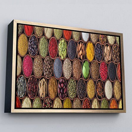 Altın Çerçeveli Mutfak Masasın da Baharatlar Dekoratif Kanvas Duvar Tablosu