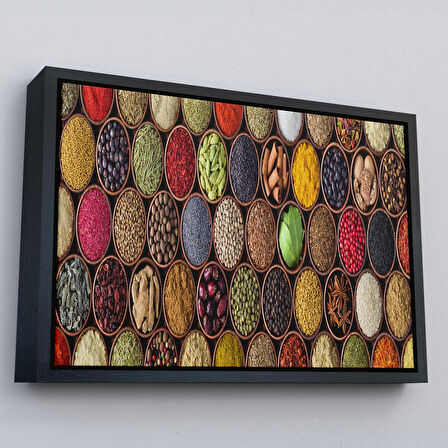 Altın Çerçeveli Mutfak Masasın da Baharatlar Dekoratif Kanvas Duvar Tablosu