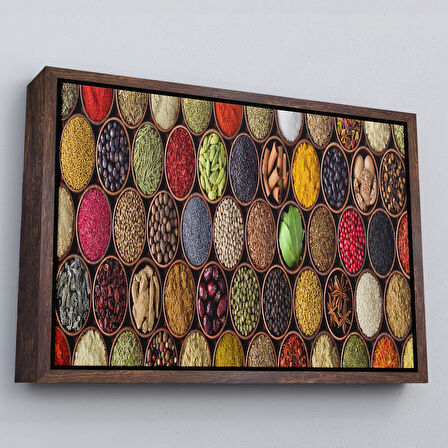 Altın Çerçeveli Mutfak Masasın da Baharatlar Dekoratif Kanvas Duvar Tablosu