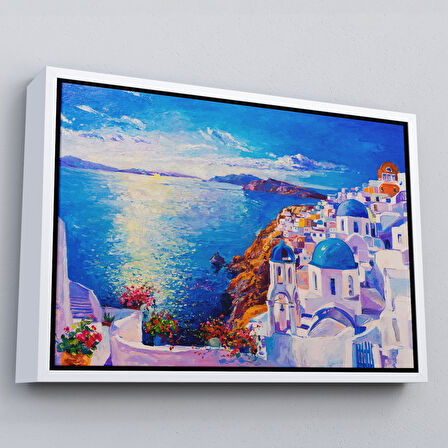 Kahverengi Çerçeveli Mikanos Yunanistan Yağlıboya Görünüm Dekoratif Tablo