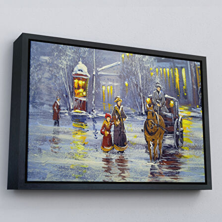 Altın Çerçeveli Eski Şehir ve At Arabası Yağlıboya Görünüm Dekoratif Kanvas Duvar Tablosu