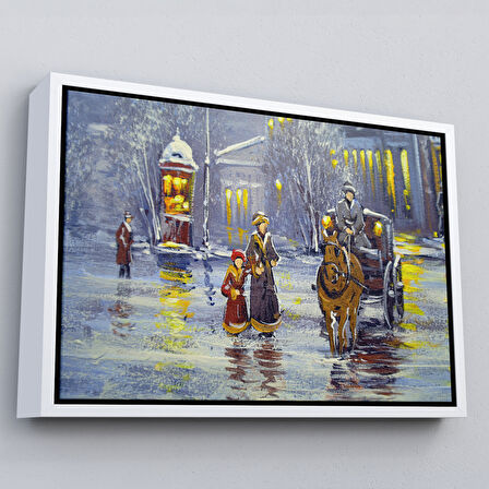 Altın Çerçeveli Eski Şehir ve At Arabası Yağlıboya Görünüm Dekoratif Kanvas Duvar Tablosu