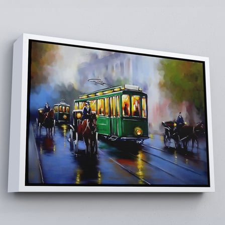 Beyaz Çerçeveli Eski Tramvay Retro Yağlıboya Görünüm Dekoratif Kanvas Duvar Tablosu