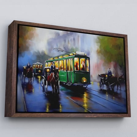 Beyaz Çerçeveli Eski Tramvay Retro Yağlıboya Görünüm Dekoratif Kanvas Duvar Tablosu