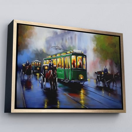 Beyaz Çerçeveli Eski Tramvay Retro Yağlıboya Görünüm Dekoratif Kanvas Duvar Tablosu