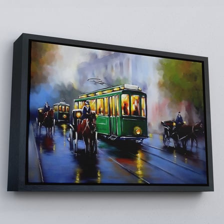 Beyaz Çerçeveli Eski Tramvay Retro Yağlıboya Görünüm Dekoratif Kanvas Duvar Tablosu