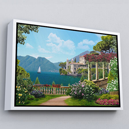 Siyah Çerçeveli İtalya Deniz Manzaralı Yağlıboya Görünüm Dekoratif Kanvas Duvar Tablosu