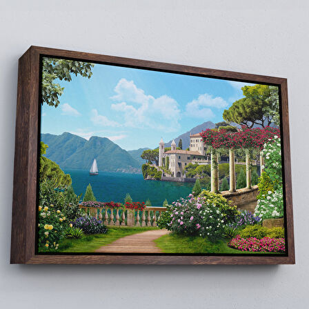 Siyah Çerçeveli İtalya Deniz Manzaralı Yağlıboya Görünüm Dekoratif Kanvas Duvar Tablosu