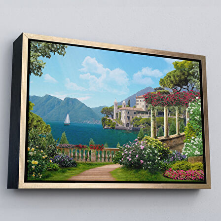 Siyah Çerçeveli İtalya Deniz Manzaralı Yağlıboya Görünüm Dekoratif Kanvas Duvar Tablosu