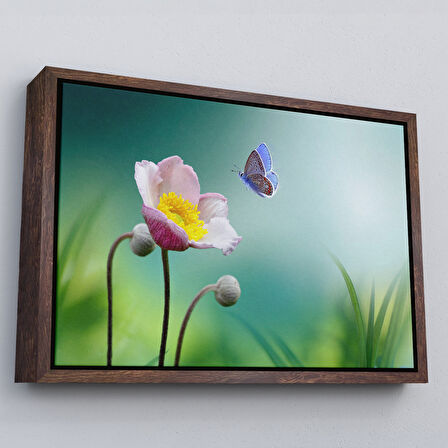 Beyaz Çerçeveli Zarif Çiçek ve Kelebek Dekoratif Kanvas Duvar Tablosu