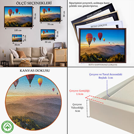 Siyah Çerçeveli Hava Balonları Dekoratif Kanvas Duvar Tablosu