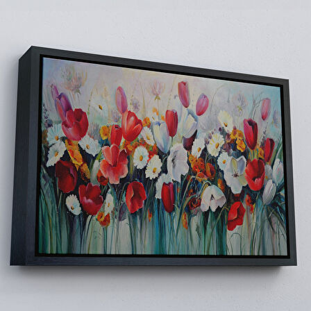 Altın Çerçeveli Kır Çiçekleri Yağlıboya Görünüm Dekoratif Kanvas Duvar Tablosu