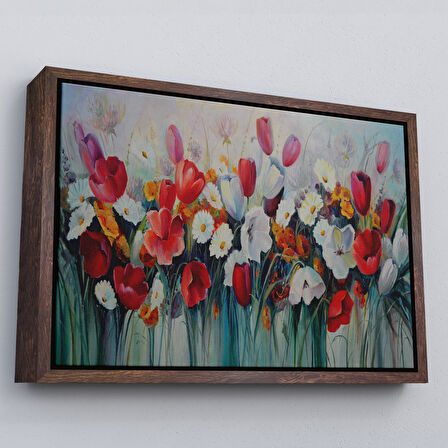 Altın Çerçeveli Kır Çiçekleri Yağlıboya Görünüm Dekoratif Kanvas Duvar Tablosu