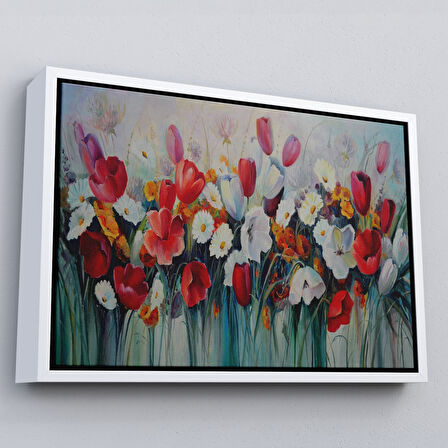 Siyah Çerçeveli Kır Çiçekleri Yağlıboya Görünüm Dekoratif Kanvas Duvar Tablosu