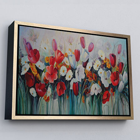 Siyah Çerçeveli Kır Çiçekleri Yağlıboya Görünüm Dekoratif Kanvas Duvar Tablosu