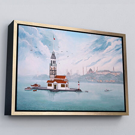 Kahverengi Çerçeveli Kız Kulesi Yağlıboya Görünüm Dekoratif Kanvas Tablo