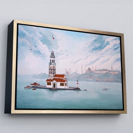 Kahverengi Çerçeveli Kız Kulesi Yağlıboya Görünüm Dekoratif Kanvas Tablo