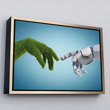 Altın Çerçeveli Doğa Ve Teknoloji Soyut Dekoratif Kanvas Duvar Tablosu